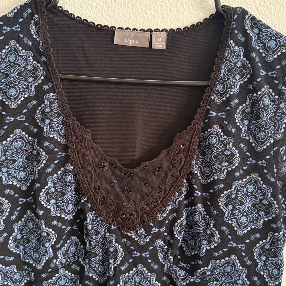 Y2K Sheer Mesh Lace Trim Top Blue Printed Fairy Grunge / Boho Blouse Medium - Picture 3 of 9